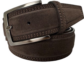 Mens Italian Suede Belt Brown Double Stitched 40mm