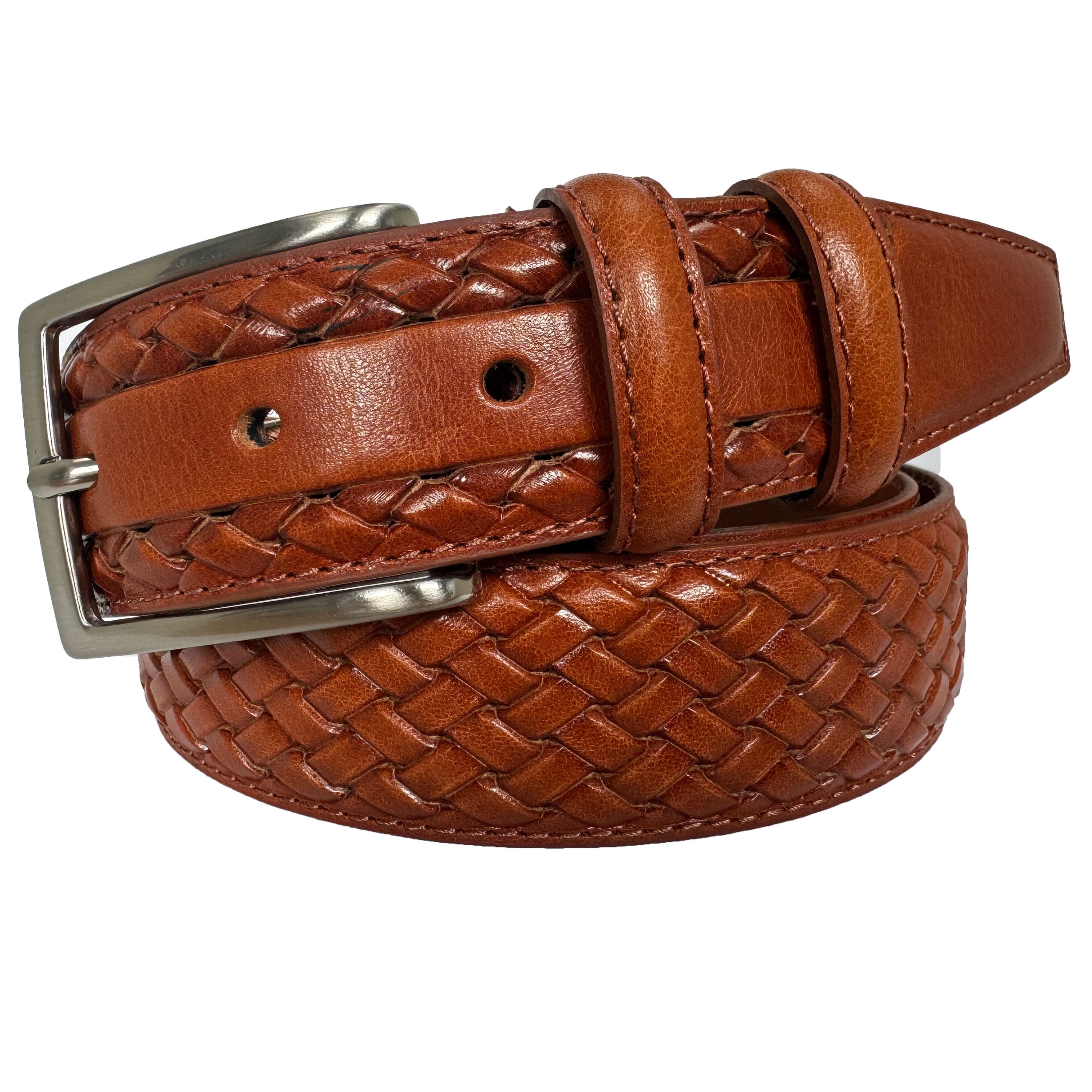 Italian Leather Belt Whiskey Tan Calf Leather Weave Embossed 