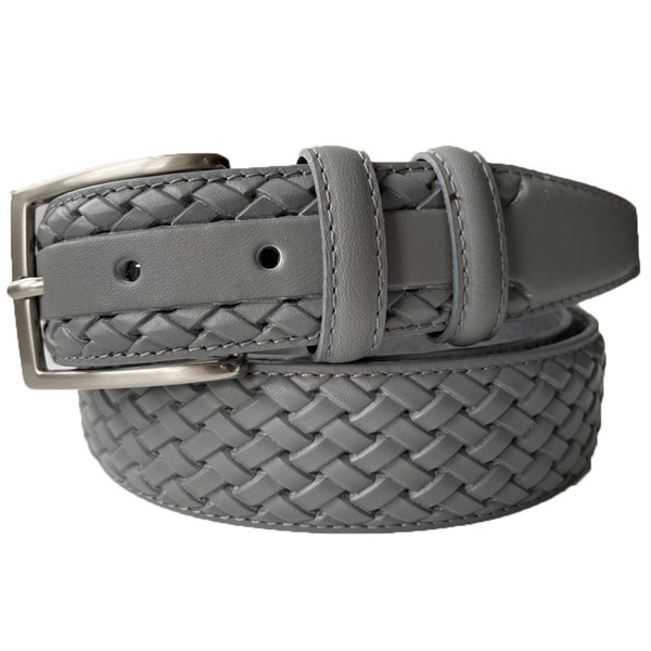 Italian Leather Belt Grey Gray Calf Leather Weave Braid Embossed 35mm