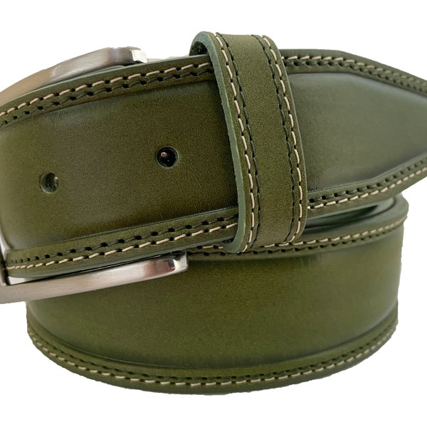 Mens Green Single Skin Hide Italian Leather belt Double Stitched 40mm