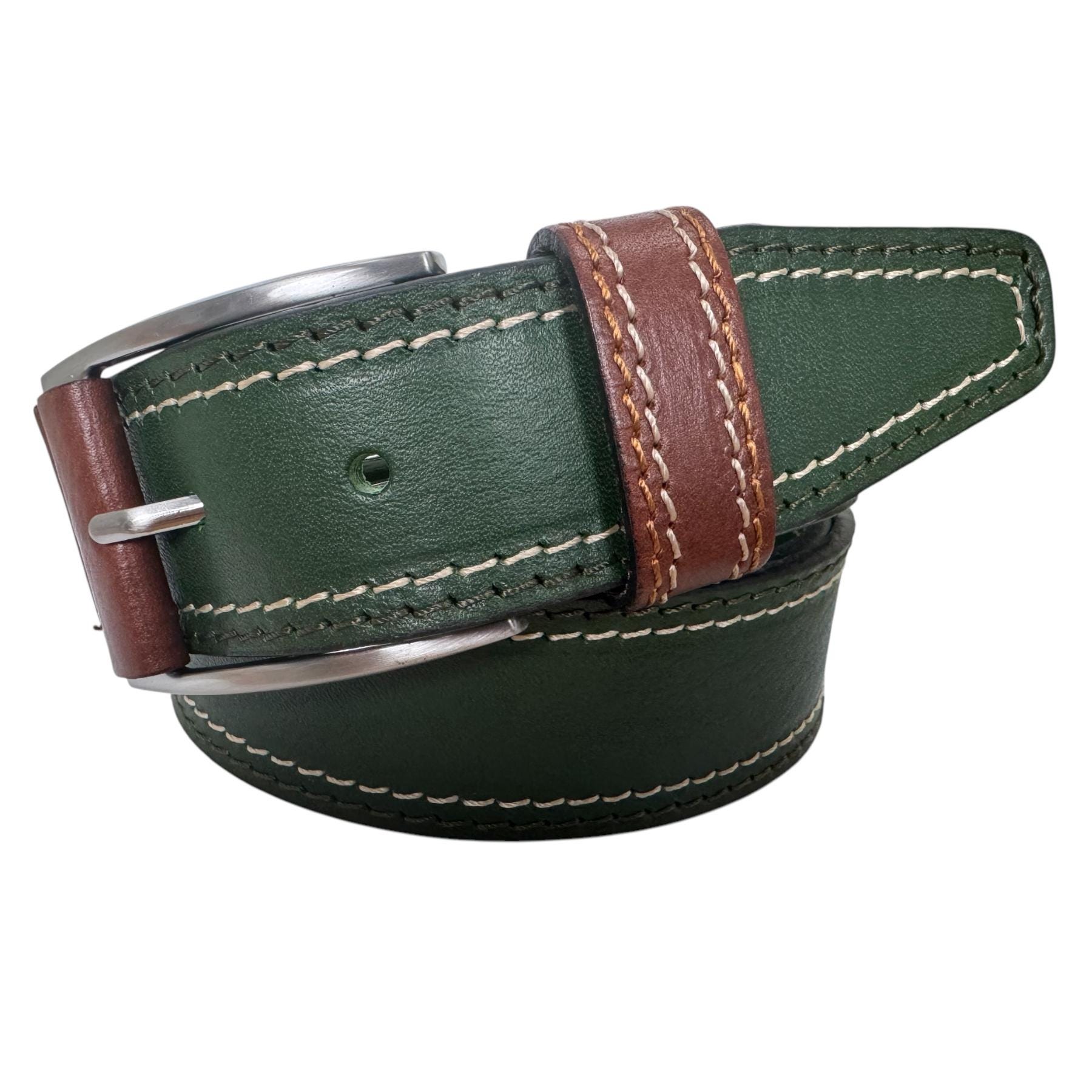 Mens Dark Green Italian Hide Leather Belt Tan Leather Buckle Tab
