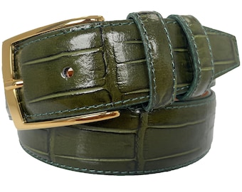 Italian Leather Green Crocodile Print Belt Gold Buckle 35mm