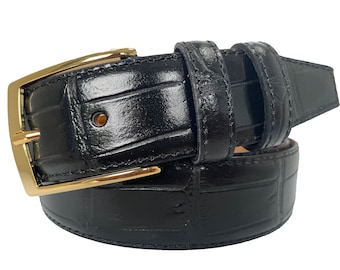 Italian Leather Black Crocodile Print Belt Gold Buckle 35mm