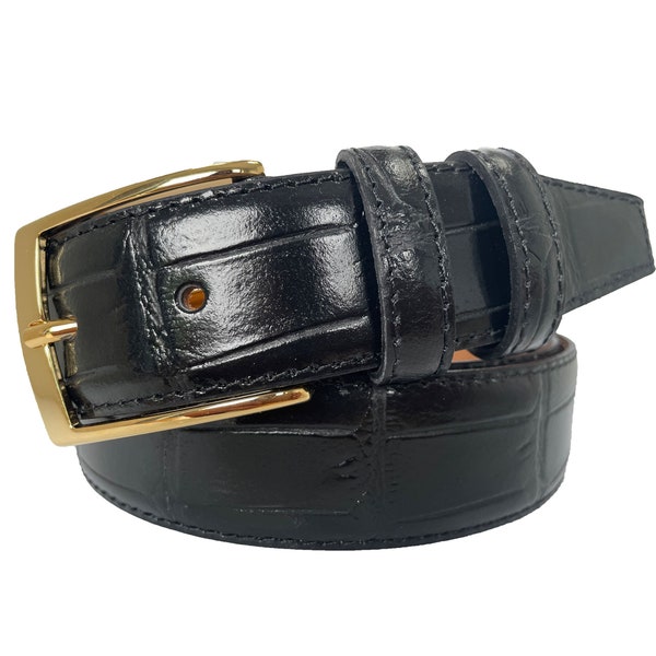 Italian Leather Black Crocodile Print Belt Gold Buckle 35mm