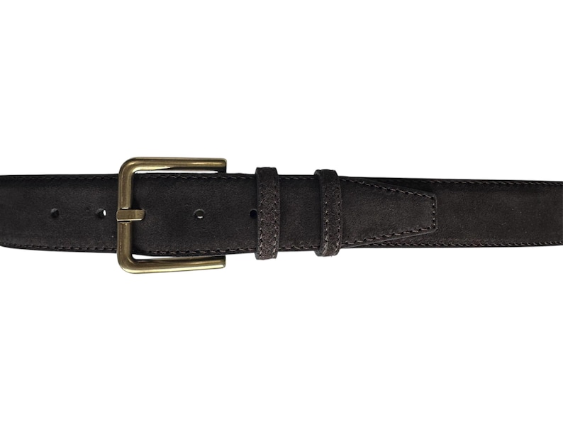 Mens Brown Suede Belt 40mm, Italian Leather Brass buckle Jeans & Smart Casual Wear image 4