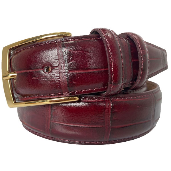 Italian Leather Burgundy Crocodile Print Belt Gold Buckle 35mm