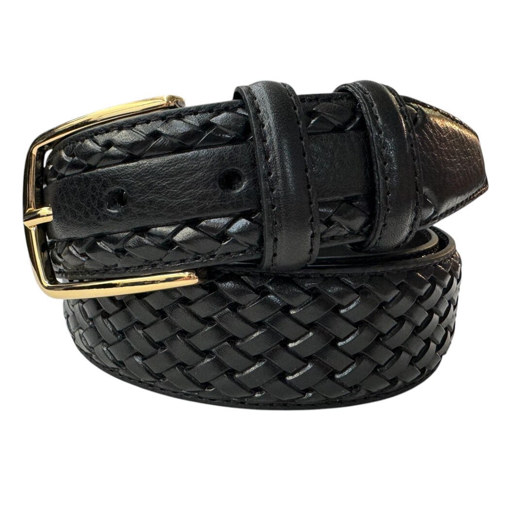 Italian Leather Belt Gold Buckle Black Calf Leather Weave  display picture 2