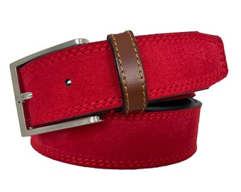 Mens Italian Suede Belt Red with Tan Loop 35mm