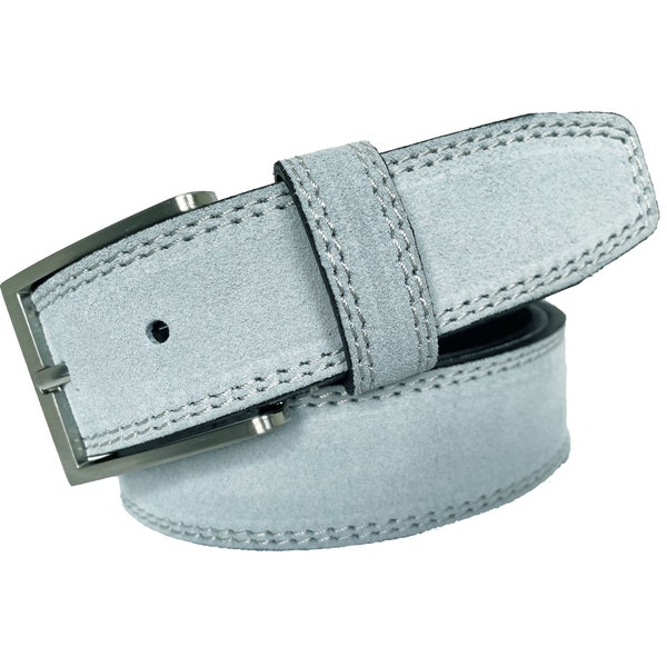 Mens Italian Suede Belt Icy Pale Blue Grey 35mm