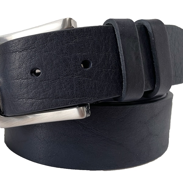 Italian Single Skin Grained Bull Hide Leather Belt Darkest Navy Blue 40mm