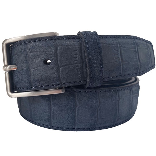 Mens Italian Suede Belt Navy Blue Crocodile 35mm