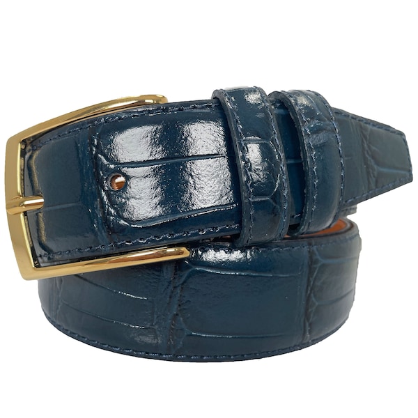 Italian Leather Blue Crocodile Print Belt Gold Buckle 35mm