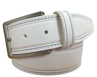 Mens White double stitched single skin hide Italian hide leather belt 40mm