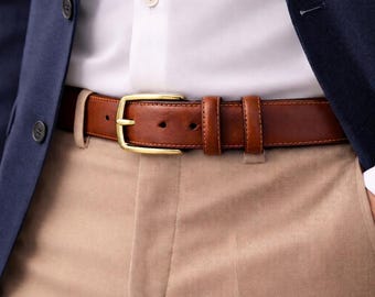 Cognac Tan Mens Dress Belt Italian Leather Gold Buckle