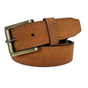 Mens Italian Suede Belt Classic Tan with a two-tone Brass Polish Buckle  35mm