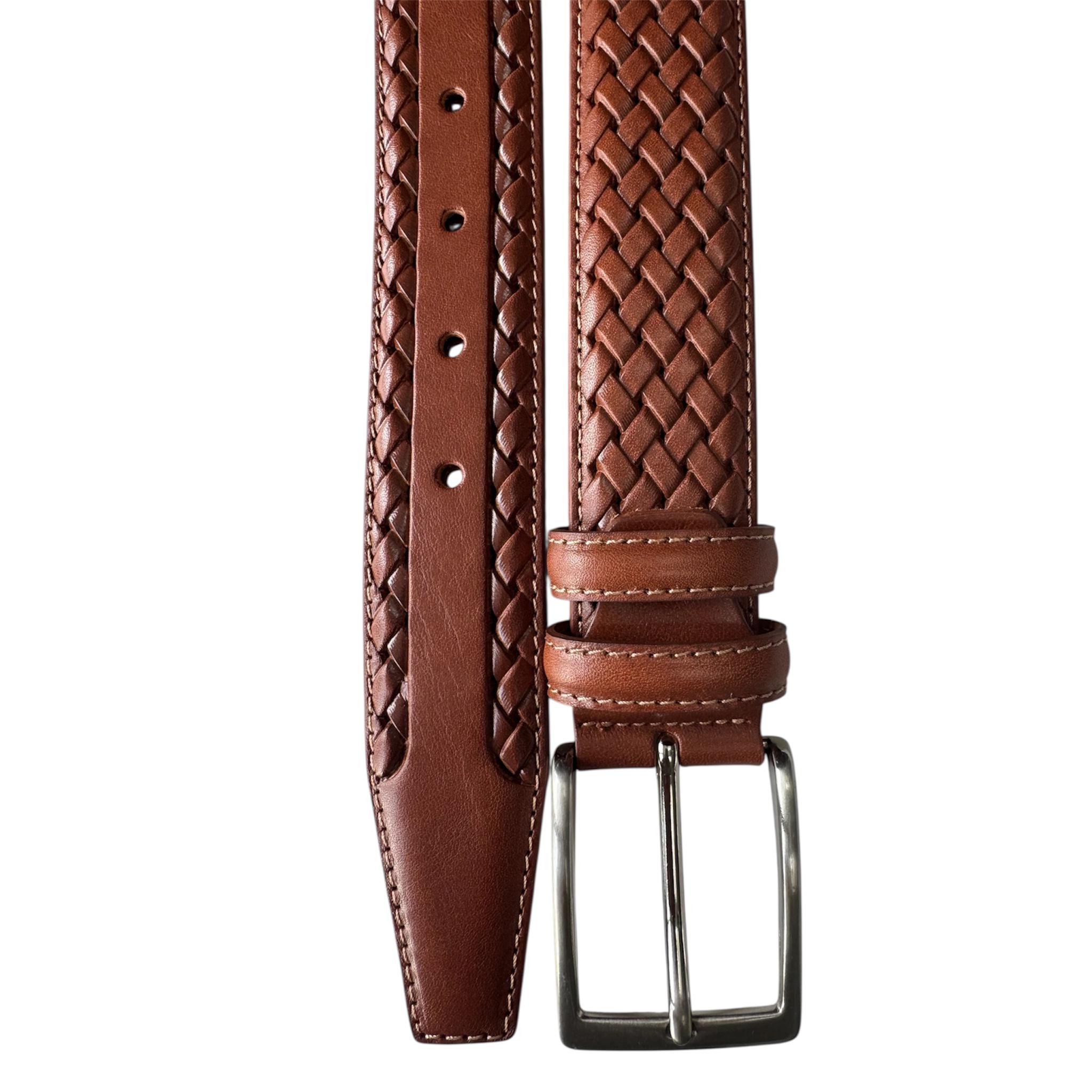 Italian Leather Belt Cognac Tan Calf Leather Weave Braid  display picture 2
