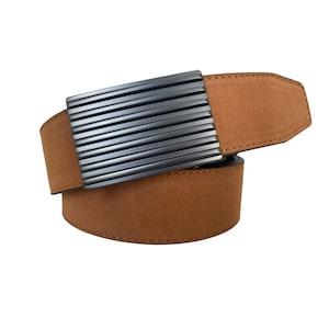 May include: A tan belt featuring a rectangular buckle with a dark gray finish and a series of horizontal, raised ridges across its surface. The strap has a matte, textured appearance and is coiled to display the buckle and the belt material.