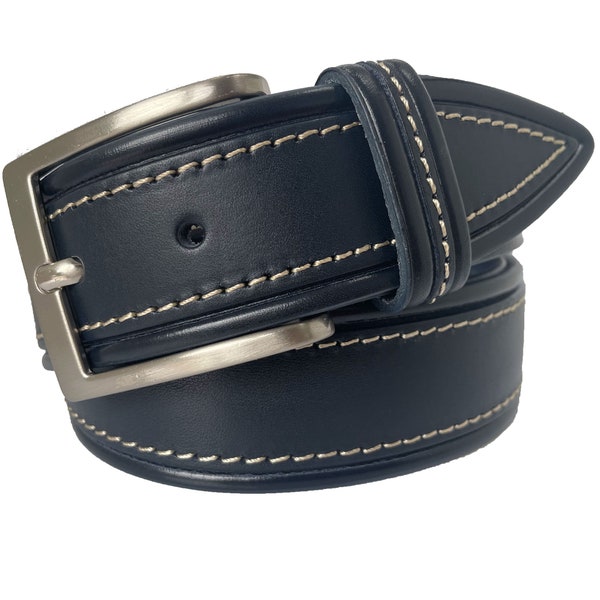 Mens Dark Navy Blue Single Skin Bull Hide Italian leather belt tapered tip cream stitched 40mm