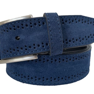 Mens Italian suede belt Blue Brogue 35mm
