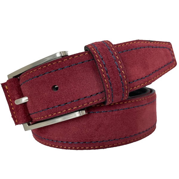 Mens Italian Suede Belt Burgundy blue contrast stitch 35mm