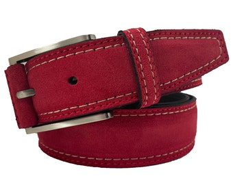 Cinturón italiano de ante para hombre rojo con pespunte en contraste beige 35 mm