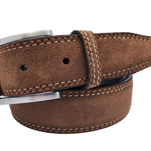 Mens Italian suede belt Cognac tan with cream contrast stitch 35mm