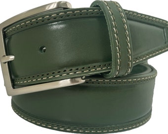 Mens Dark Green Double Stitched single skin hide Italian hide leather belt  40mm
