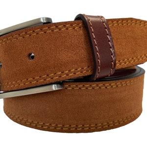 Mens Italian suede belt Tan with Cognac Tan loop 35mm