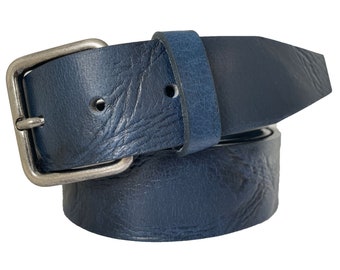 Mens Blue Single Skin Distressed Italian Hide Leather Belt 40mm