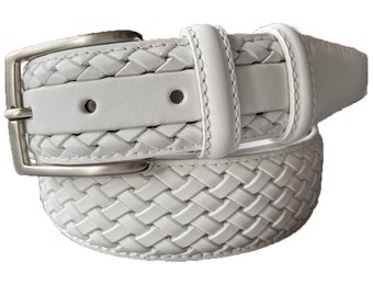 Italian Leather Belt White Calf Leather Weave Braid Embossed 35mm