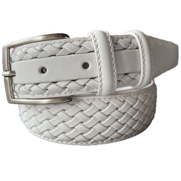 Italian Leather Belt White Calf Leather Weave Braid Embossed 35mm