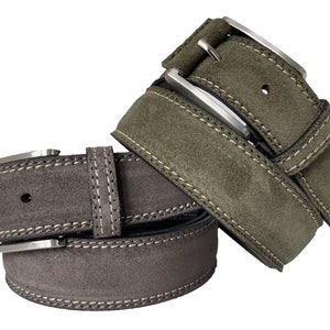 Mens Italian Suede Belt Olive Green Grey cream contrast stitch 35mm