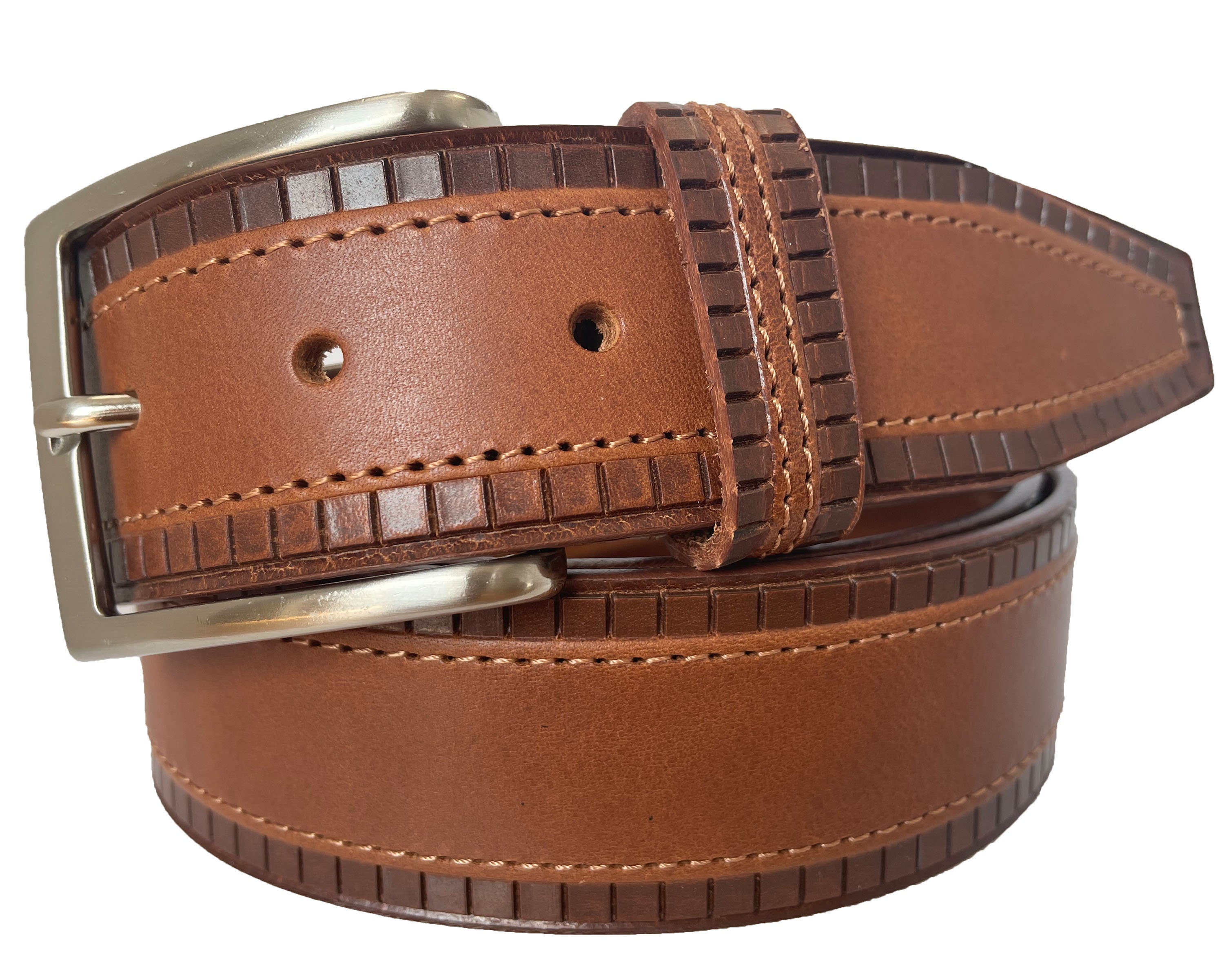 Mens Cognac Tan Italian Hide Leather Belt Square Cut Edges  40mm