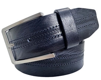 Mens Darkest Navy Blue Italian Distressed Hide Leather Belt 40mm