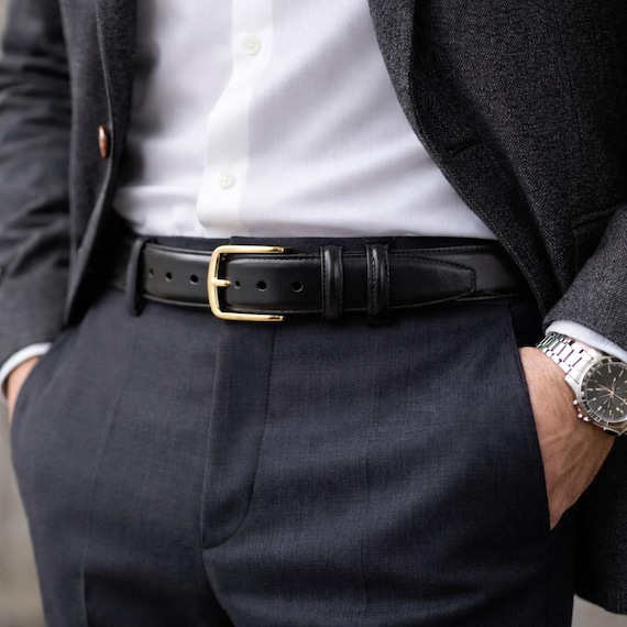 mens black dress belt gold buckle Mens Dressing Belt With Gold Buckle - Black Saffiano Leather 40 / 100 cm