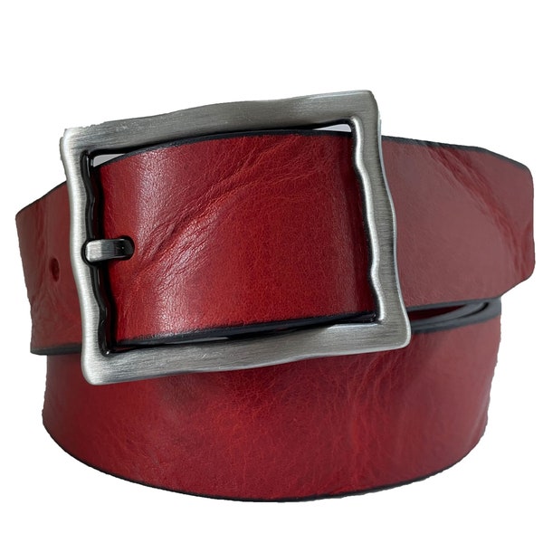 Distressed Red Single Skin Italian Cow Hide Leather Belt Rectangle Buckle 35mm