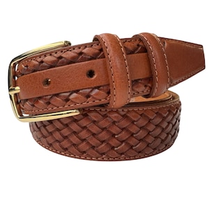 Cintura in pelle italiana con fibbia dorata, in pelle di vitello color cognac, intrecciata e goffrata, 35 mm