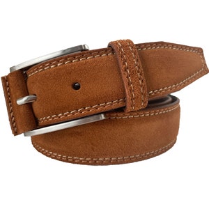 Mens Italian suede belt  tan with cream contrast stitch 35mm