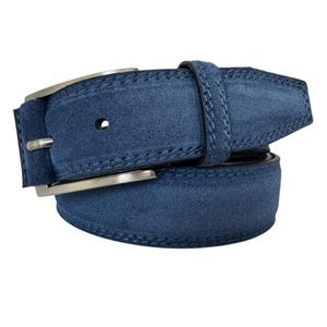Mens Italian suede belt Blue with Blue contrast stitch 35mm