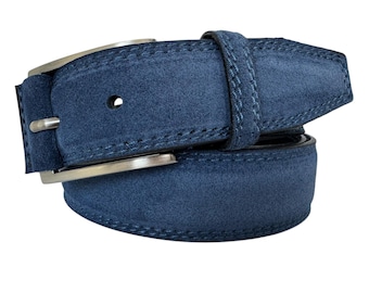 Cinturón italiano de ante para hombre azul con pespunte en contraste azul de 35 mm