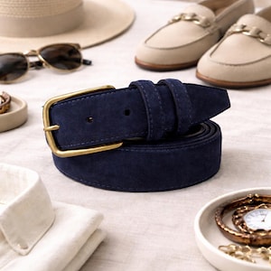 Navy Blue Suede 35mm Belt Matte Brass Buckle Minimal Smart Casual