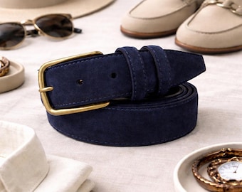 80s 90s CALDERON Navy Blue Leather Trouser Belt | Navy Blue  display picture 1