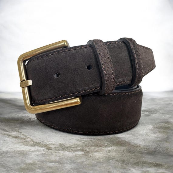 Mens Brown Suede Belt 40mm, Italian Leather Brass buckle Jeans & Smart Casual Wear