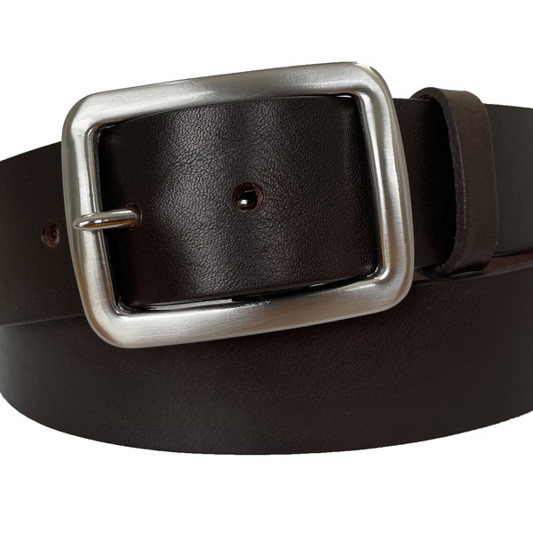 Mens dark brown single skin Italian cow hide leather belt rectangle buckle 40mm