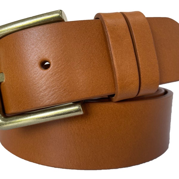 Mens Brass Buckle Honey Tan Single Skin Bull Hide Italian leather belt  40mm