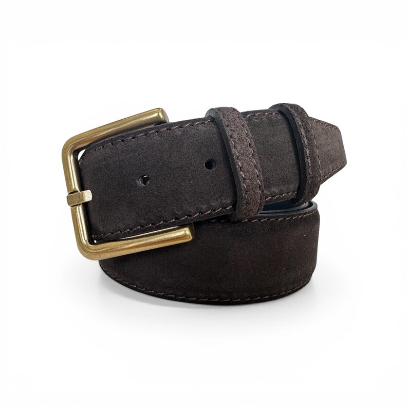 Mens Brown Suede Belt 40mm, Italian Leather Brass buckle Jeans & Smart Casual Wear image 3