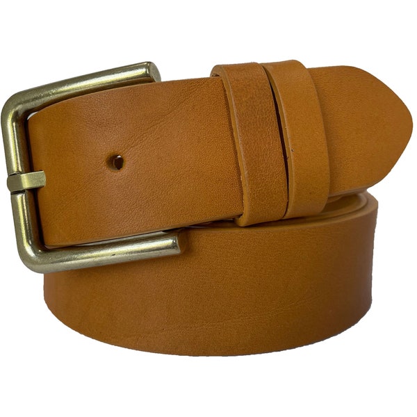Mens Brass Buckle Mustard Yellow Single Skin Bull Hide Italian leather belt  40mm