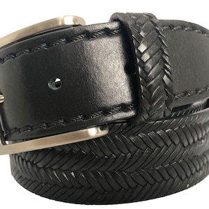 Italian Leather Belt Black Single Skin Hide Leather Weave Embossed 40mm