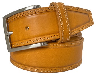 Mens Yellow Double Stitched single skin hide Italian hide leather belt  40mm