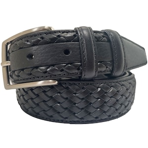 Italian Leather Belt Black Calf Leather Weave Embossed 35mm